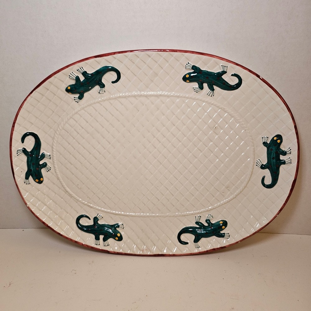 Vintage 90s OCI Omnibus Lizard Gecko Weave Ceramic Oval Serving Platter 13 Inch